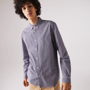 Lacoste Regular Fit Gingham Cotton Poplin Shirt Pánské - Šortky Bílé / Tmavě Blankyt Blankyt | CZ-s8